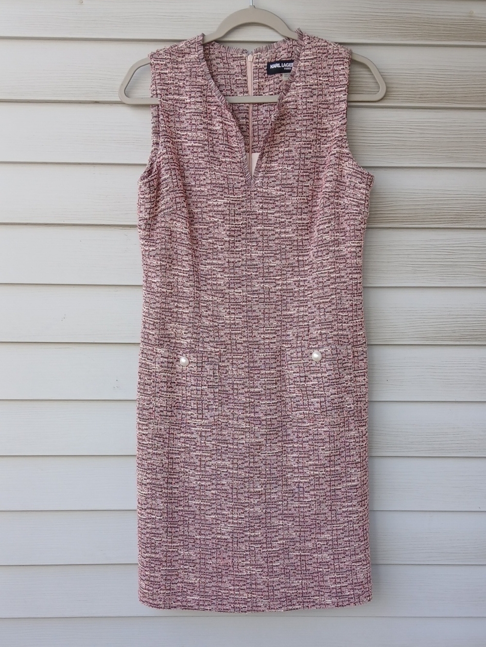 Karl Lagerfeld Pink Tweed V-Notch Sheath Midi Dress